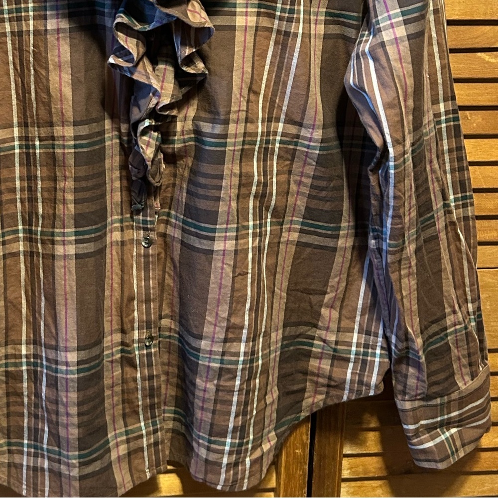Lauren Ralph Lauren Brown, Tan, Green, Red and White Plaid Ruffled Shirt - Picture 11 of 16